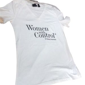 Renee Greenstein YOGA T-Shirt “WOMEN WITH CONTROL “size XS white v- neck tee